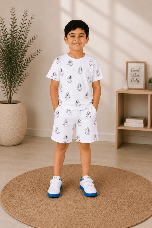 3PIN 100% Cotton Knit Half Sleeve Set of 2 Solid and Speed All Over Printed T-shirt and Shorts Co-Ord Set - White and Navy