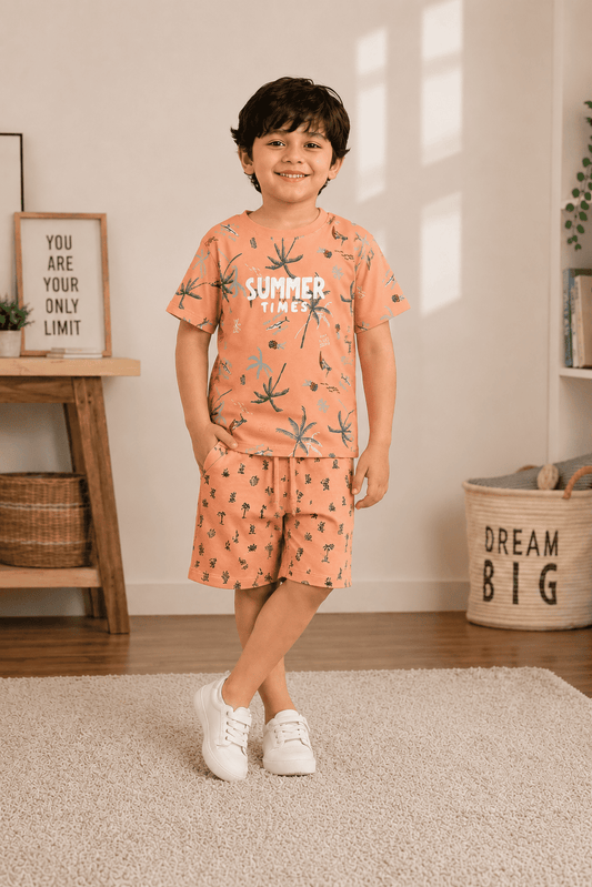 3PIN 100% Cotton Knit Half Sleeve Set of 2 Solid and Summer Time All Over Printed T-shirt and Shorts Set - Orange and Grey Melange