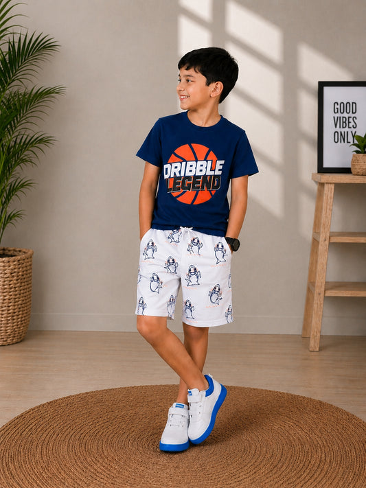 3PIN 100% Cotton Knit Half Sleeve Set of 2 Skate and Legend Printed T-shirt and Shorts Set - Yellow and Blue