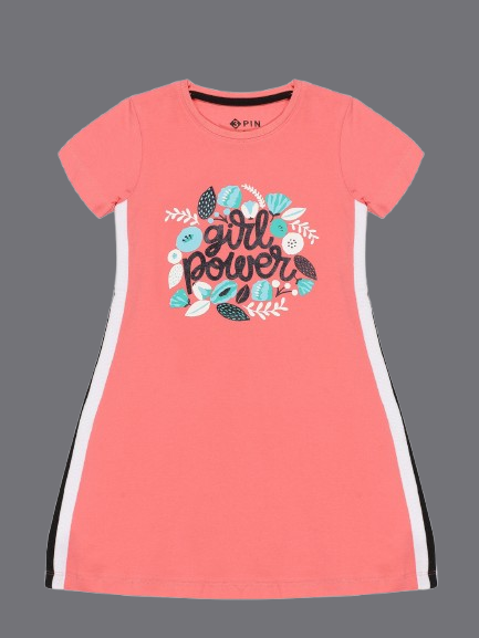 Girls Floral Printed Flared Dress - Coral Pink