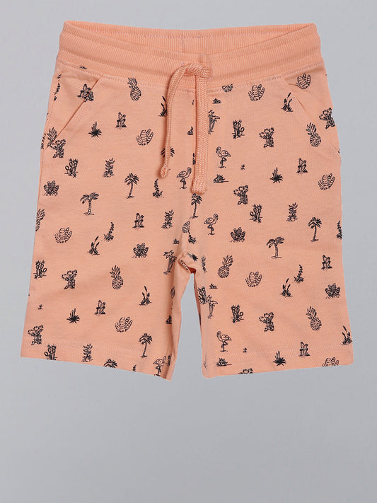 BOYS PACK OF 2 ALL OVER PRINT AND COLOUR BLOCK SHORTS - GREY AND PEACH