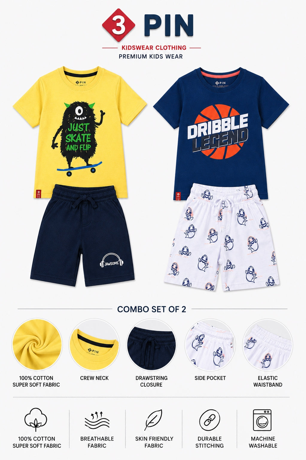 3PIN Boys Half Sleeeve T-shirt and Shorts Set (Pack of 4)