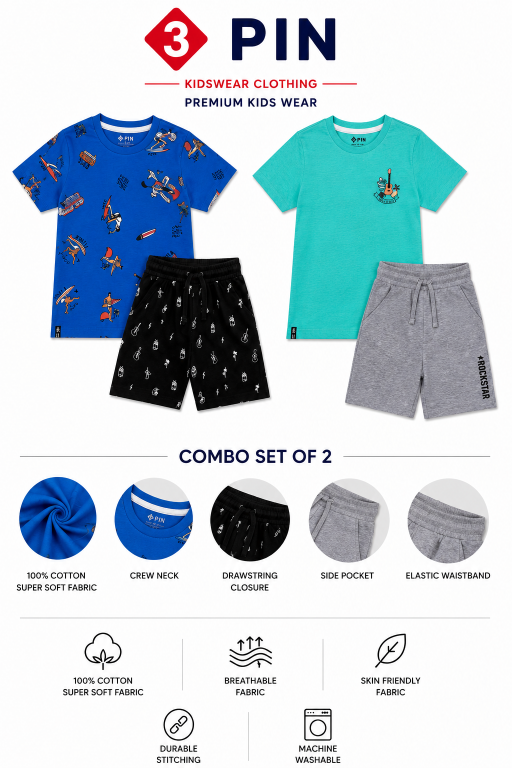 3PIN 100% Cotton Knit Half Sleeve Set of 2 Surf All Over Print and Vacation Printed T-shirt and Shorts Set - Blue and Aqua Green