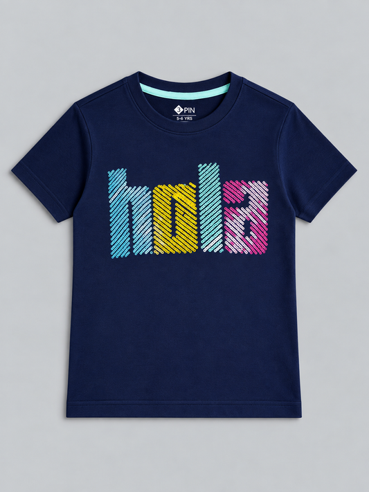 Girls Printed Typography Round Neck Cotton T-Shirt