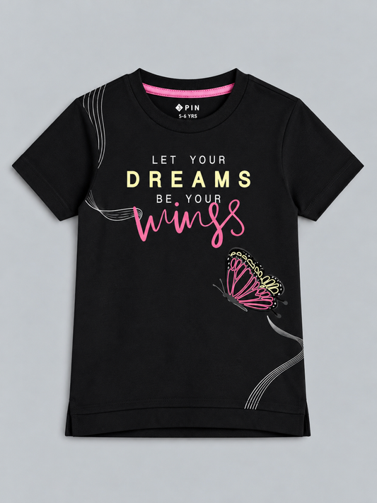Girls Printed Typography Round Neck Cotton T-Shirt