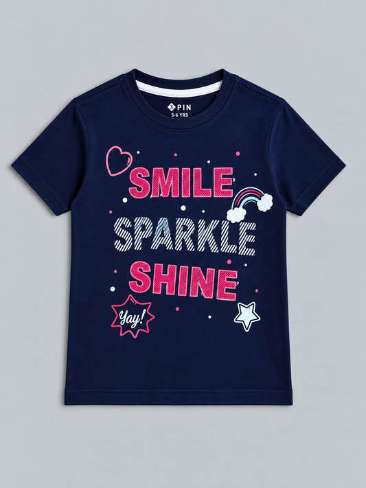 Girls Printed Typography Round Neck Cotton T-Shirt