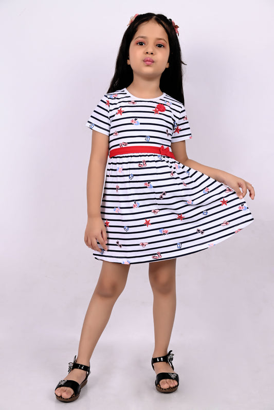 Half Sleeves Rugby Striped & All Over Sunglasses With Camera Printed Fit & Flare Dress - White