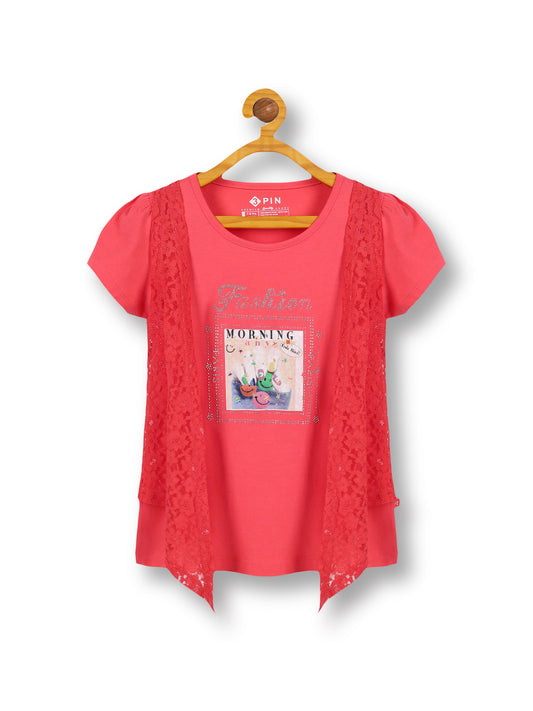 Girls Floral Printed Round Neck Puff Sleeves Lace-Up Cotton Regular Top