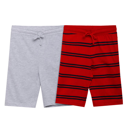 BOYS PACK OF 2 STRIPED AND COLOUR BLOCK SHORTS - RED AND GREY