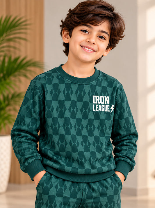 3Pin  Full Sleeve Iron  Printed T-shirt and Pant Set - Green
