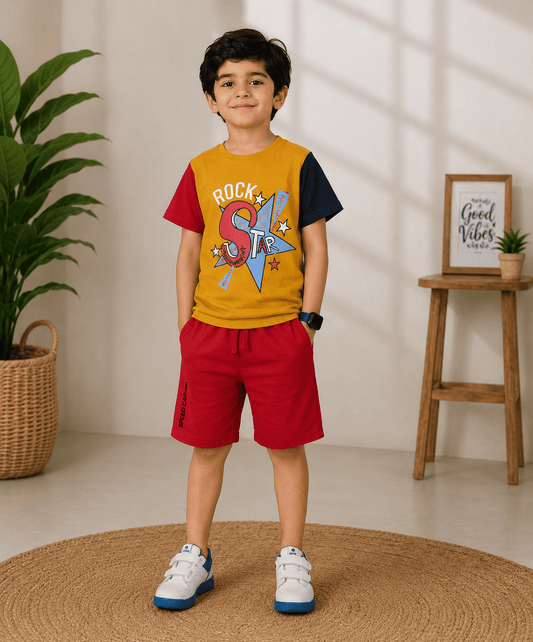 3PIN 100% Cotton Knit Half Sleeve Set of 2 Rock Star and Surfing Printed T-shirt and Shorts Set - Mustard and Black