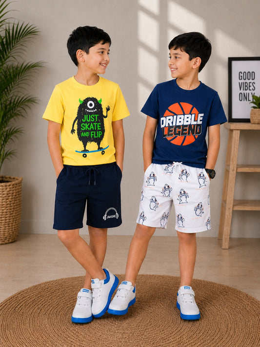 3PIN 100% Cotton Knit Half Sleeve Set of 2 Skate and Legend Printed T-shirt and Shorts Set - Yellow and Blue