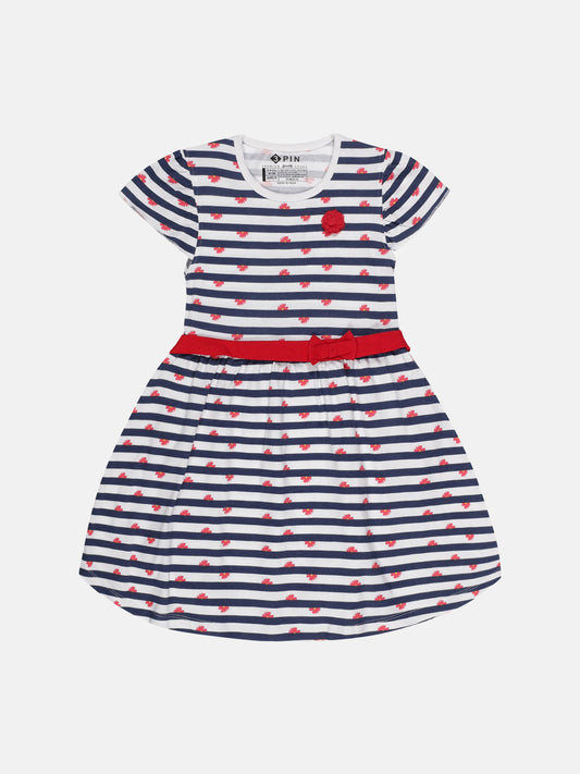 Girls Striped Round-Neck Fit & Flare Dress - WHITE