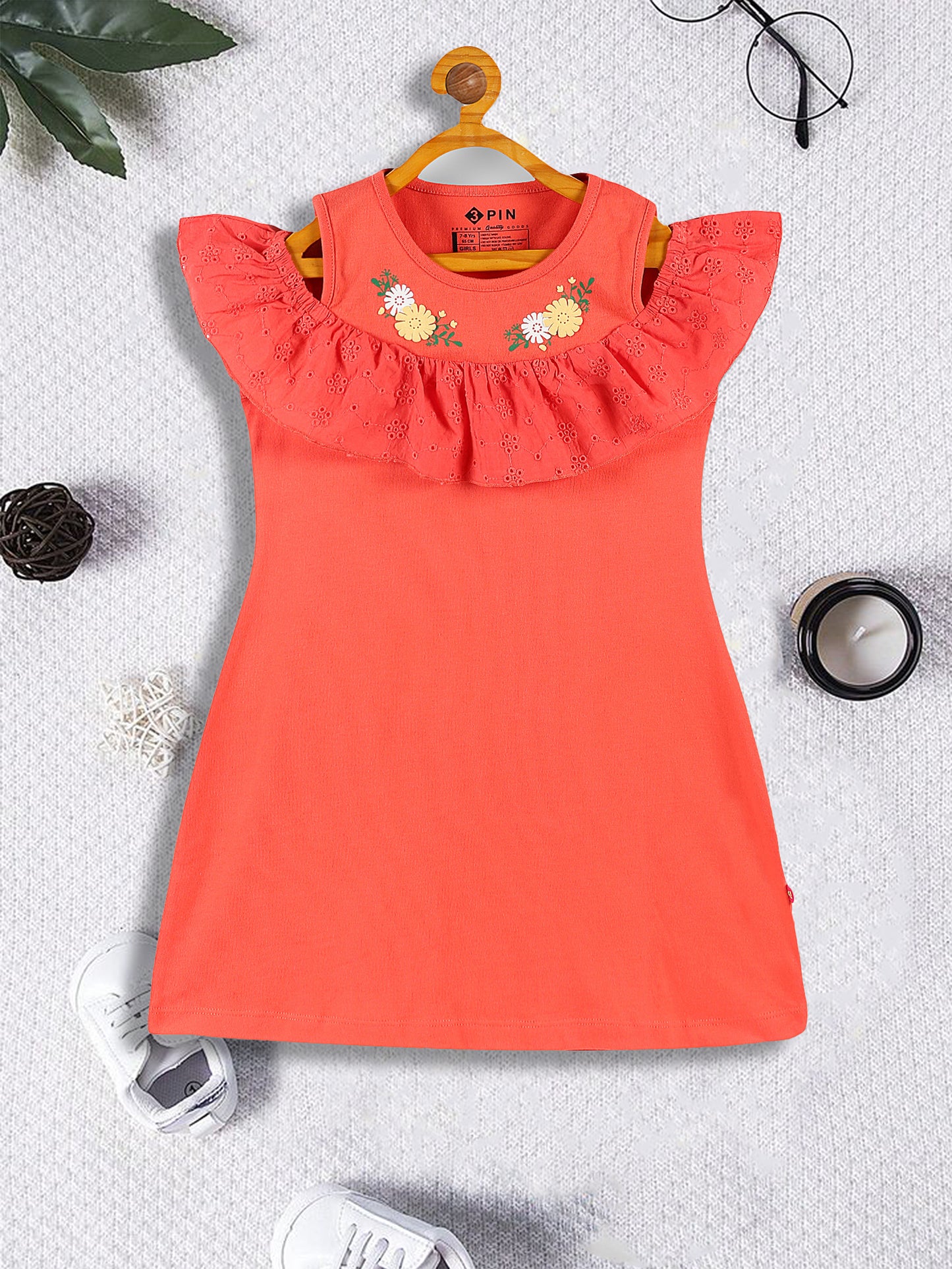 Girls Round-Neck A-Line Dress - CAYENNE