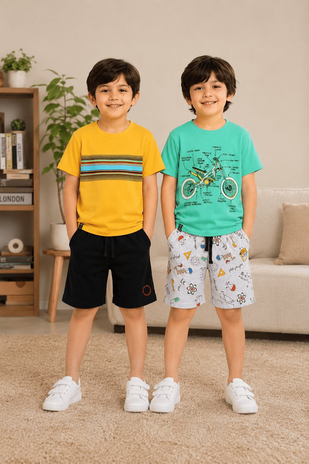 3PIN 100% Cotton Knit Half Sleeve Set of 2 Striped and Motorcycle Printed T-Shirt and Shorts Set - Mustard Yellow and Mint Green