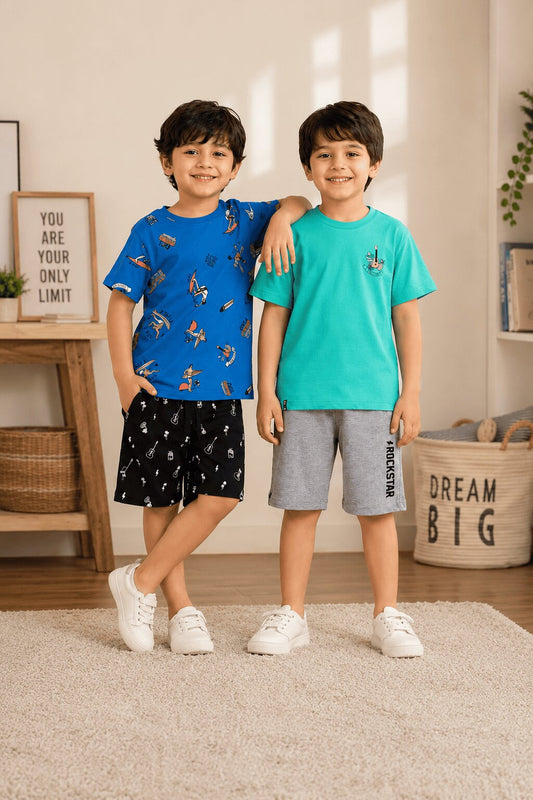 3PIN 100% Cotton Knit Half Sleeve Set of 2 Surf All Over Print and Vacation Printed T-shirt and Shorts Set - Blue and Aqua Green