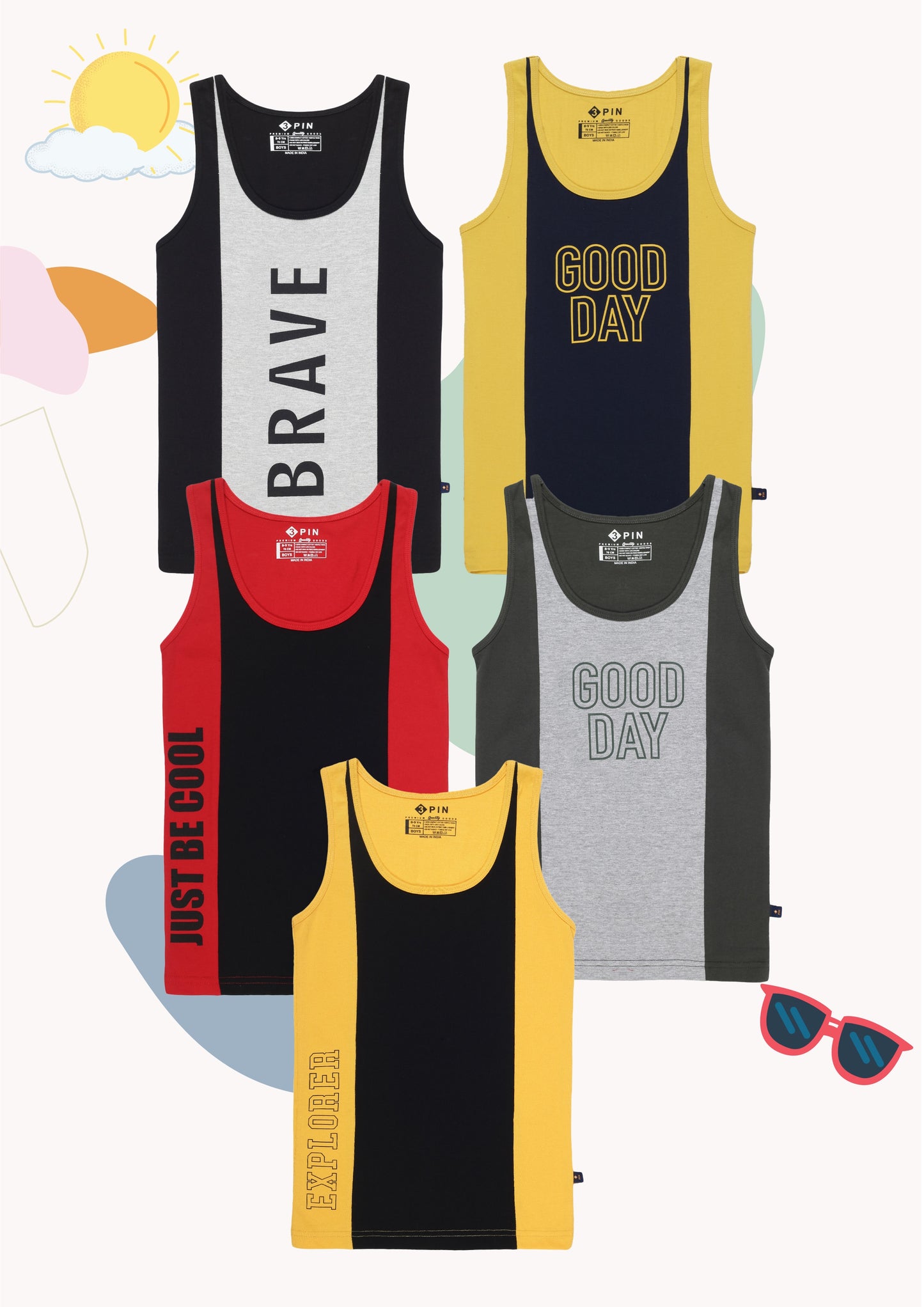 Boys Cotton Printed Round Neck Sleeveless Vests - Pack of 5