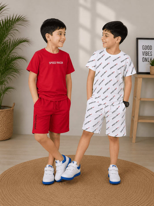 3PIN 100% Cotton Knit Half Sleeve Set of 2 Solid and Speed All Over Printed T-shirt and Shorts Co-Ord Set - White and Red