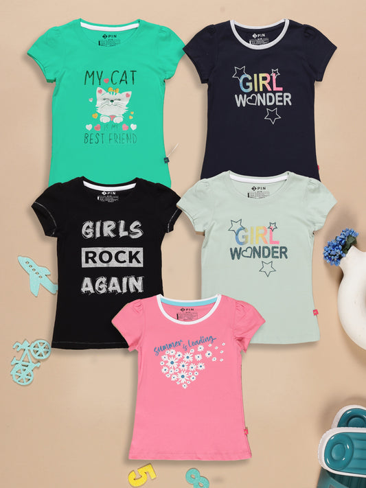 Girls Cotton Printed Round Neck T-Shirt - Pack of 5