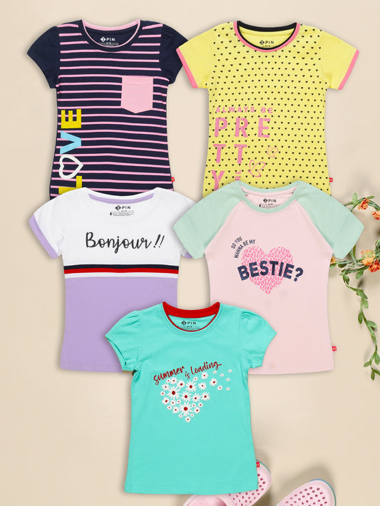 Girls Cotton Printed Round Neck T-Shirt - Pack of 5