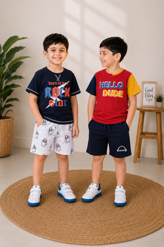 3PIN 100% Cotton Knit Half Sleeve Set of 2 Rock Star and Hello Dude Printed T-shirt and Shorts Set -Red and Navy Blue