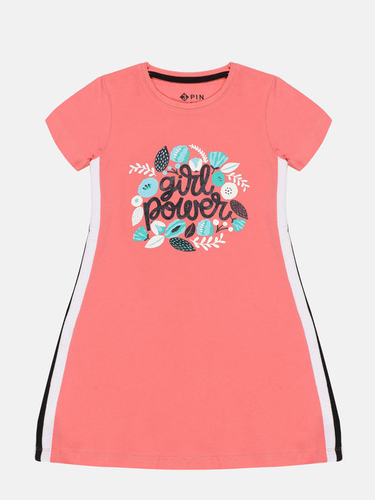 Girls Half Sleeves Floral Printed Flared Dress - Coral Pink