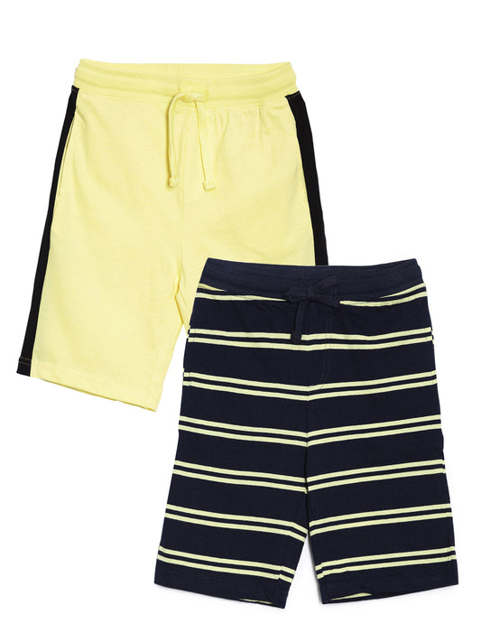 BOYS PACK OF 2 STRIPED AND COLOUR BLOCK SHORTS - BLACK AND YELLOW