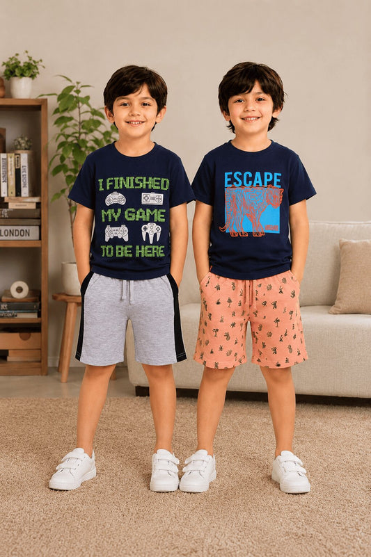 3PIN 100% Cotton Knit Half Sleeve Set of 2 Tiger and Game Printed T-shirt and Shorts Set - Navy Blue