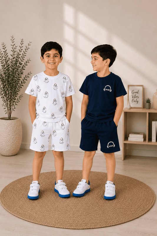 3PIN 100% Cotton Knit Half Sleeve Set of 2 Solid and Speed All Over Printed T-shirt and Shorts Co-Ord Set - White and Navy