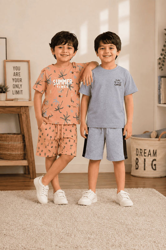 3PIN 100% Cotton Knit Half Sleeve Set of 2 Solid and Summer Time All Over Printed T-shirt and Shorts Set - Orange and Grey Melange