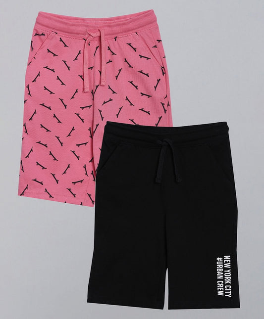 BOYS PACK OF 2 ALL OVER PRINT AND COLOUR BLOCK SHORTS - BLACK AND PINK