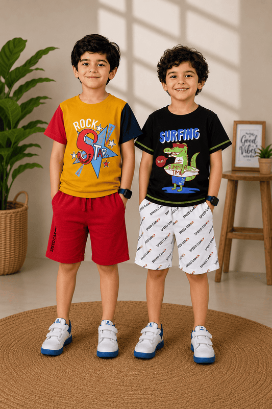 3PIN 100% Cotton Knit Half Sleeve Set of 2 Rock Star and Surfing Printed T-shirt and Shorts Set - Mustard and Black