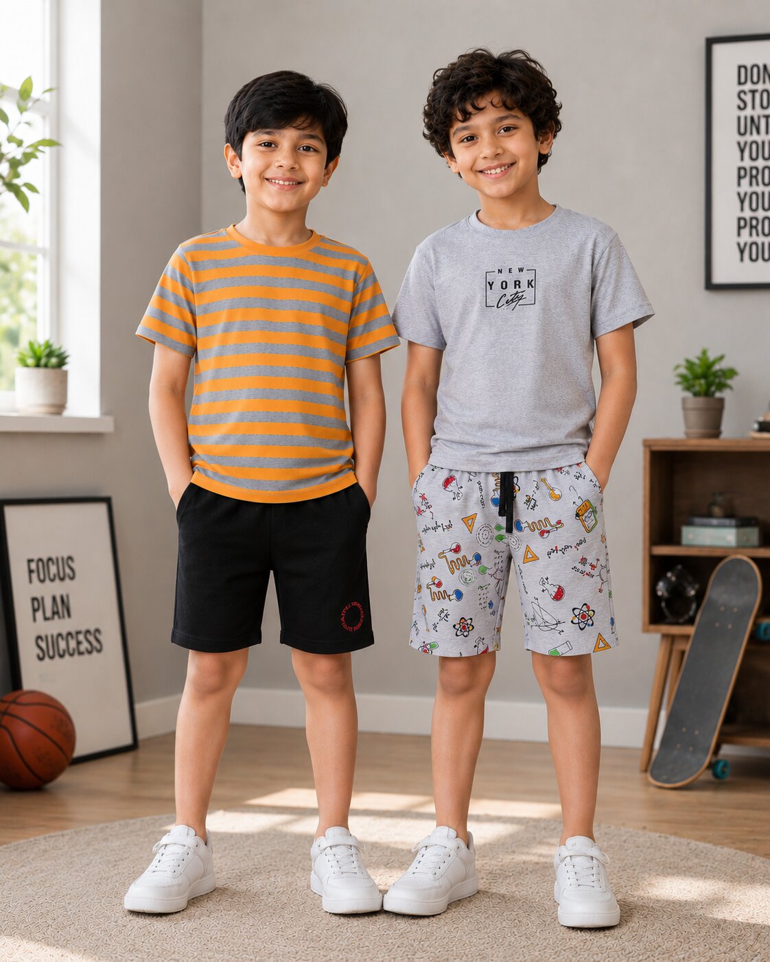 3PIN 100% Cotton Knit Half Sleeve Set of 2 Striped and Newyork City  Printed T-Shirt and Shorts Set - Mustard and Grey Melange