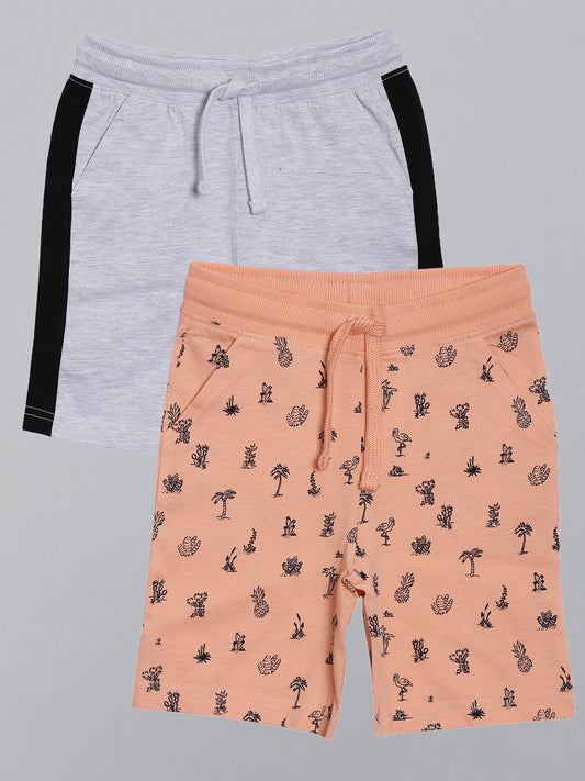 BOYS PACK OF 2 ALL OVER PRINT AND COLOUR BLOCK SHORTS - GREY AND PEACH