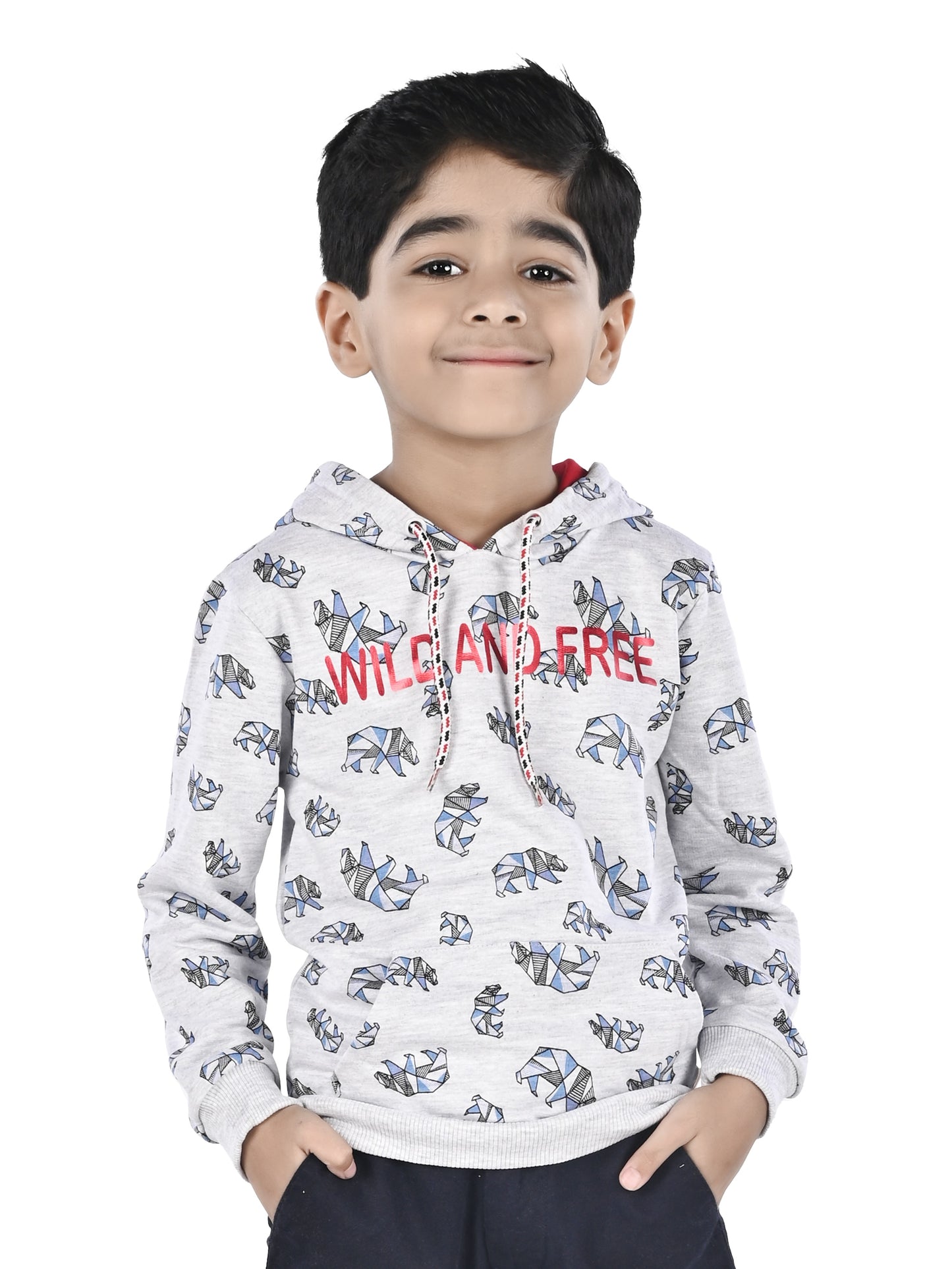 BOYS ALL OVER PRINTED SWEATSHIRTS WITH HOODIE -GREY