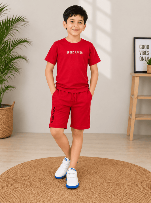 3PIN 100% Cotton Knit Half Sleeve Set of 2 Solid and Speed All Over Printed T-shirt and Shorts Co-Ord Set - White and Red