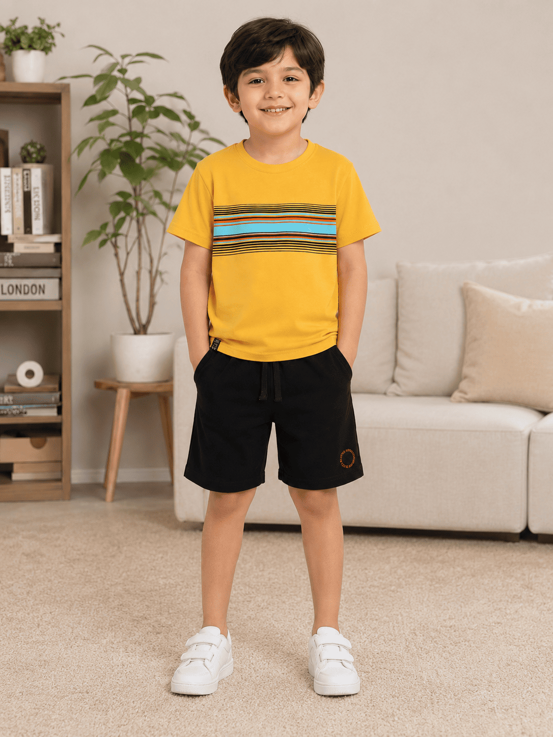 3PIN 100% Cotton Knit Half Sleeve Set of 2 Striped and Motorcycle Printed T-Shirt and Shorts Set - Mustard Yellow and Mint Green