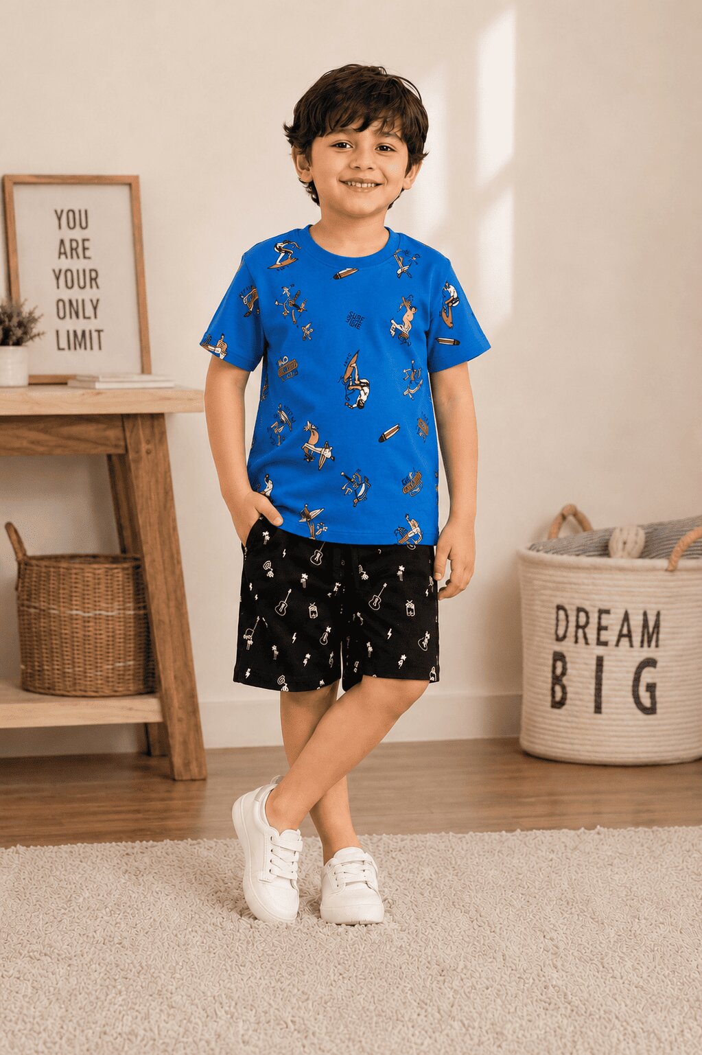 3PIN 100% Cotton Knit Half Sleeve Set of 2 Surf All Over Print and Vacation Printed T-shirt and Shorts Set - Blue and Aqua Green