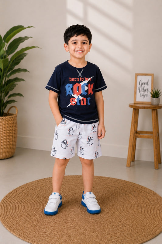 3PIN 100% Cotton Knit Half Sleeve Set of 2 Rock Star and Hello Dude Printed T-shirt and Shorts Set -Red and Navy Blue