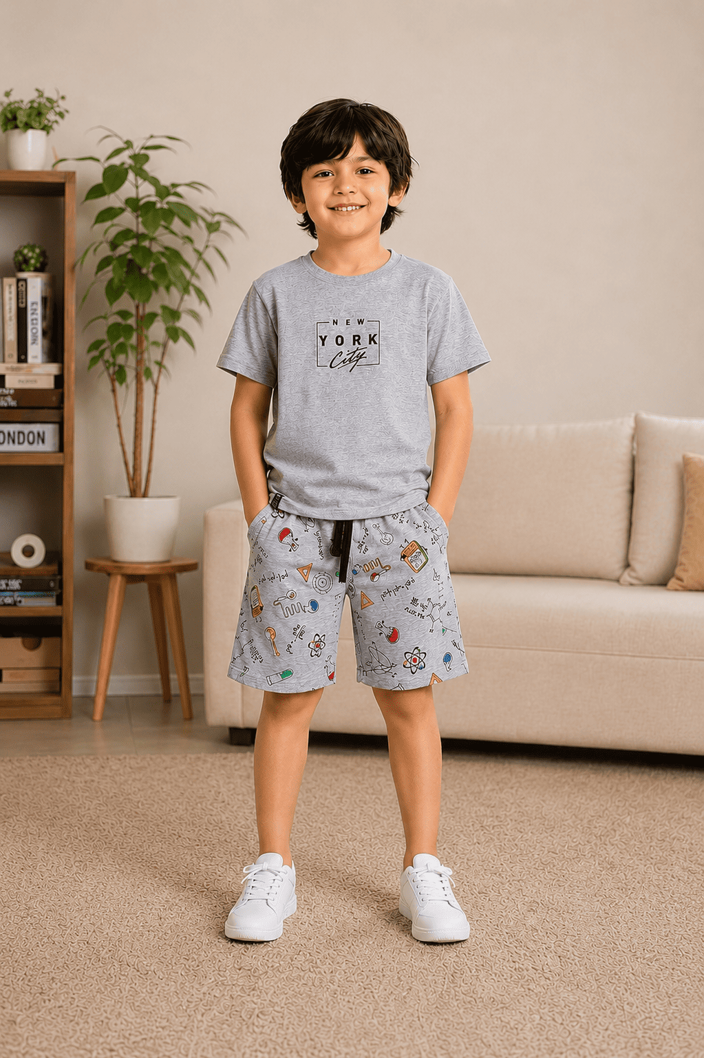 3PIN 100% Cotton Knit Half Sleeve Set of 2 Striped and Newyork City  Printed T-Shirt and Shorts Set - Mustard and Grey Melange