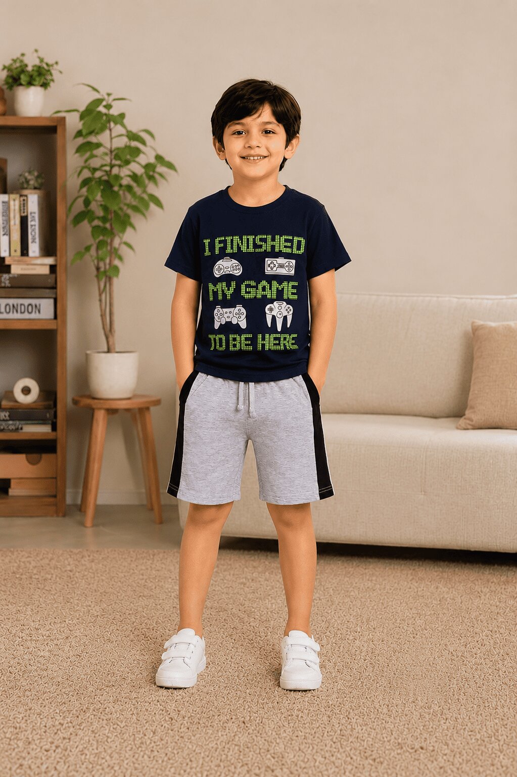 3PIN 100% Cotton Knit Half Sleeve Set of 2 Tiger and Game Printed T-shirt and Shorts Set - Navy Blue
