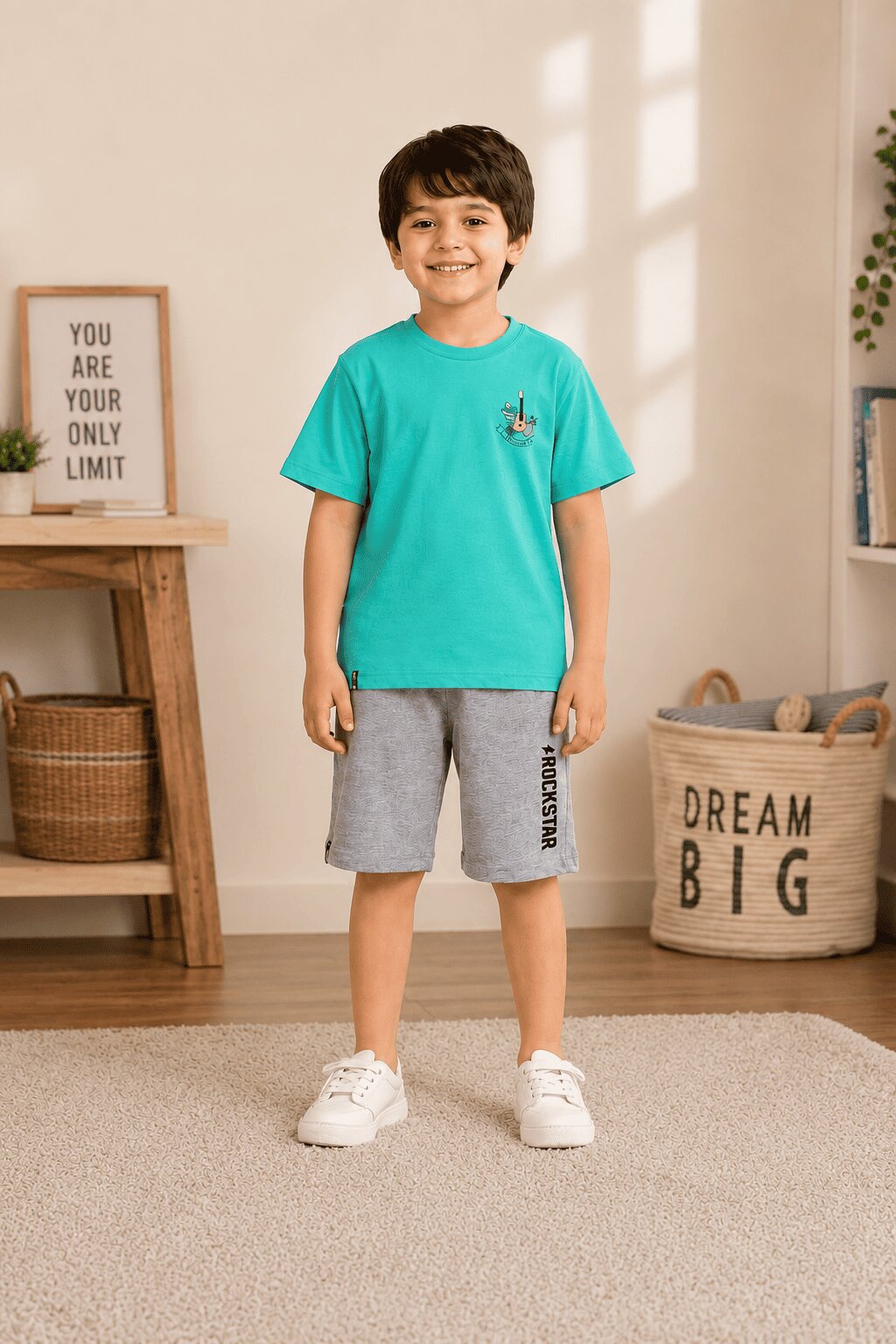 3PIN 100% Cotton Knit Half Sleeve Set of 2 Surf All Over Print and Vacation Printed T-shirt and Shorts Set - Blue and Aqua Green