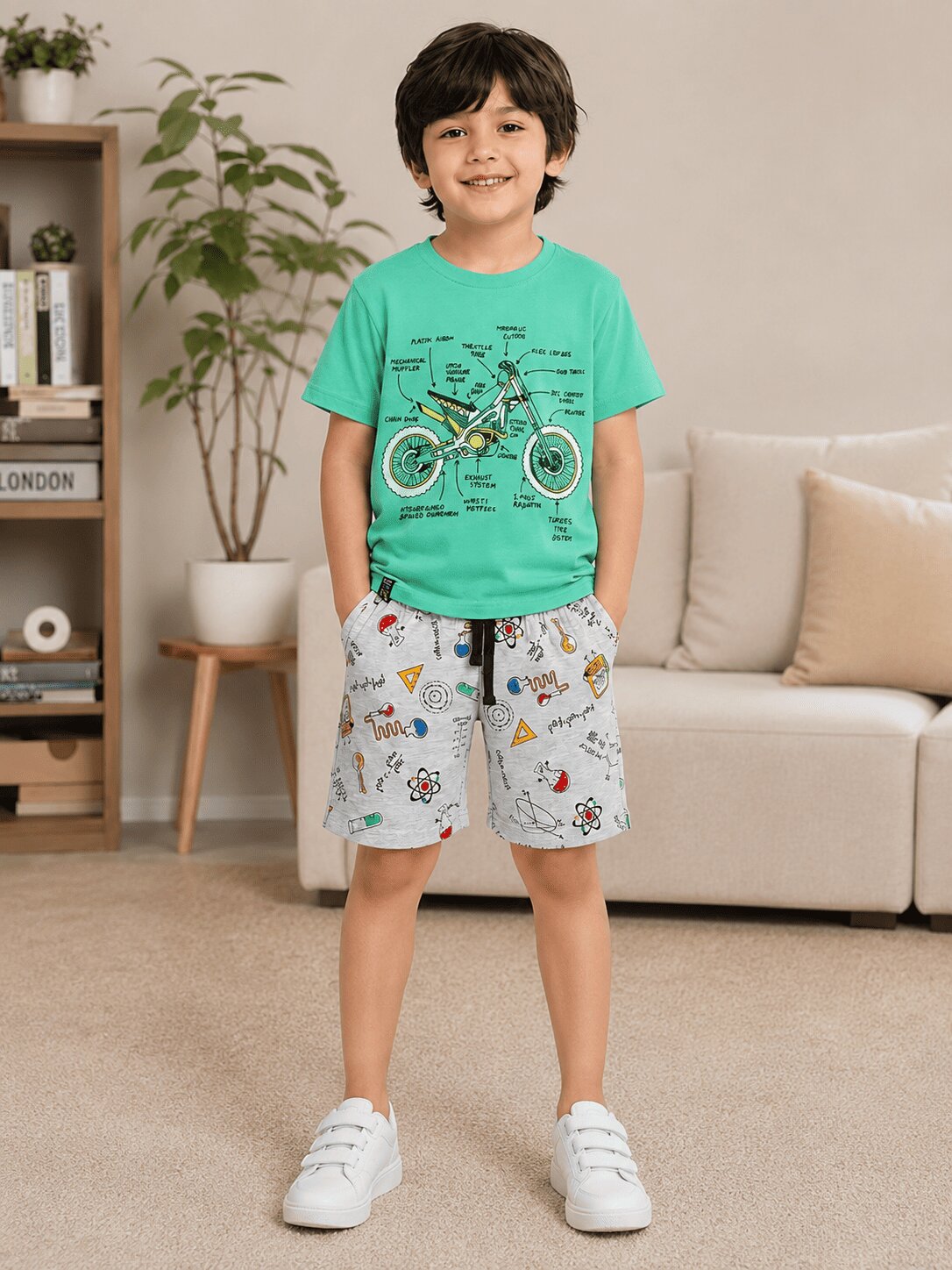 3PIN 100% Cotton Knit Half Sleeve Set of 2 Striped and Motorcycle Printed T-Shirt and Shorts Set - Mustard Yellow and Mint Green