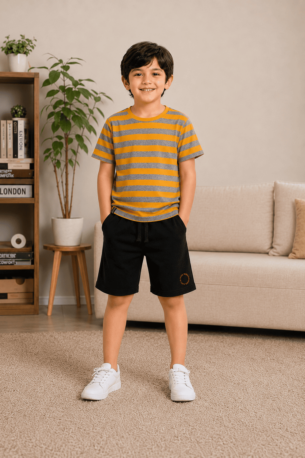 3PIN 100% Cotton Knit Half Sleeve Set of 2 Striped and Newyork City  Printed T-Shirt and Shorts Set - Mustard and Grey Melange