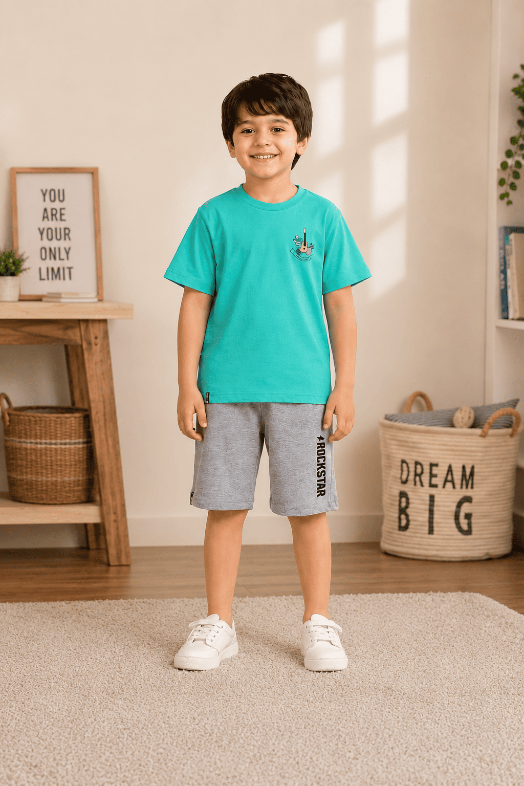 3PIN 100% Cotton Knit Half Sleeve Set of 2 Surf All Over Print and Vacation Printed T-shirt and Shorts Set - Blue and Aqua Green