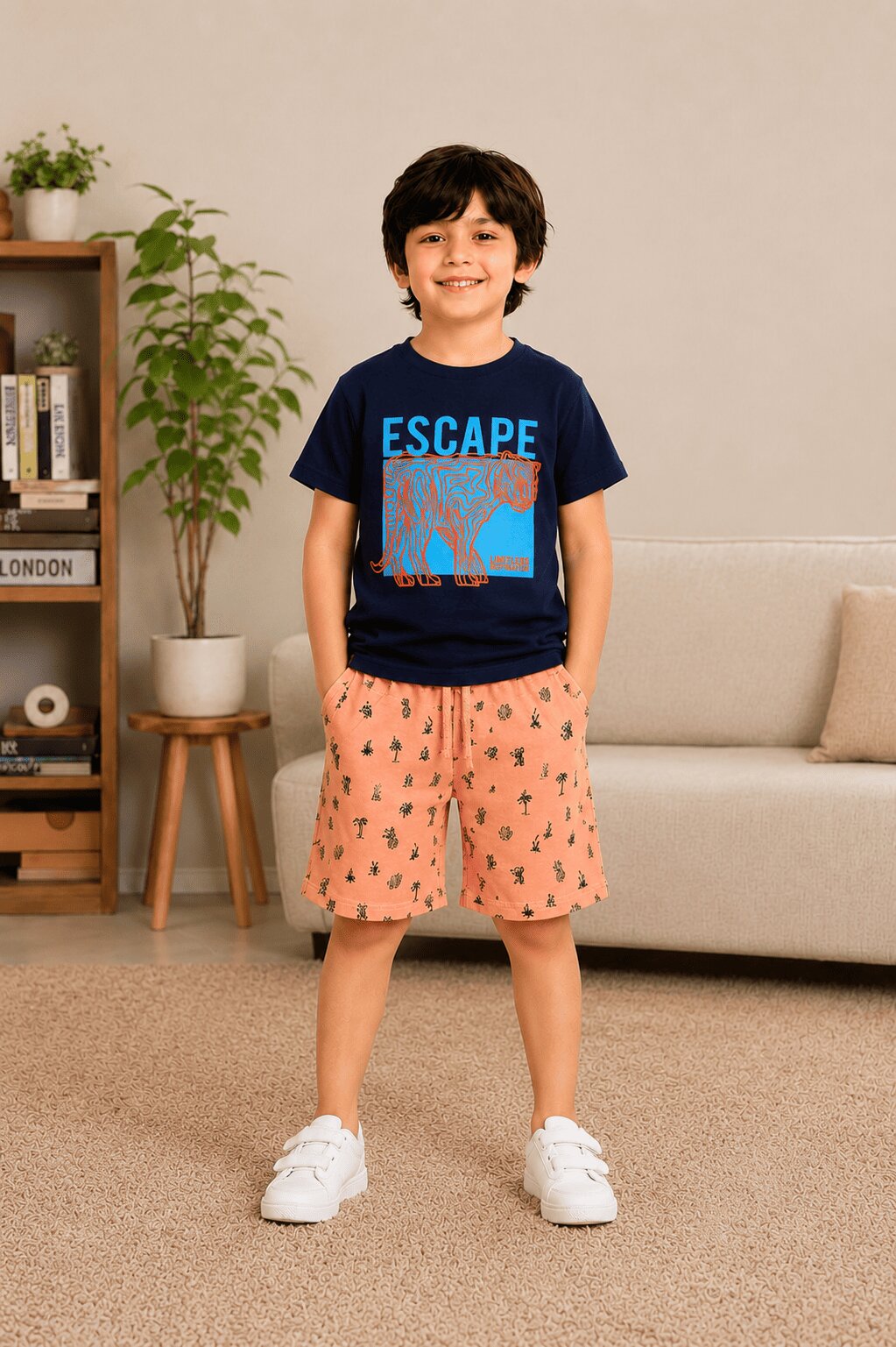 3PIN 100% Cotton Knit Half Sleeve Set of 2 Tiger and Game Printed T-shirt and Shorts Set - Navy Blue