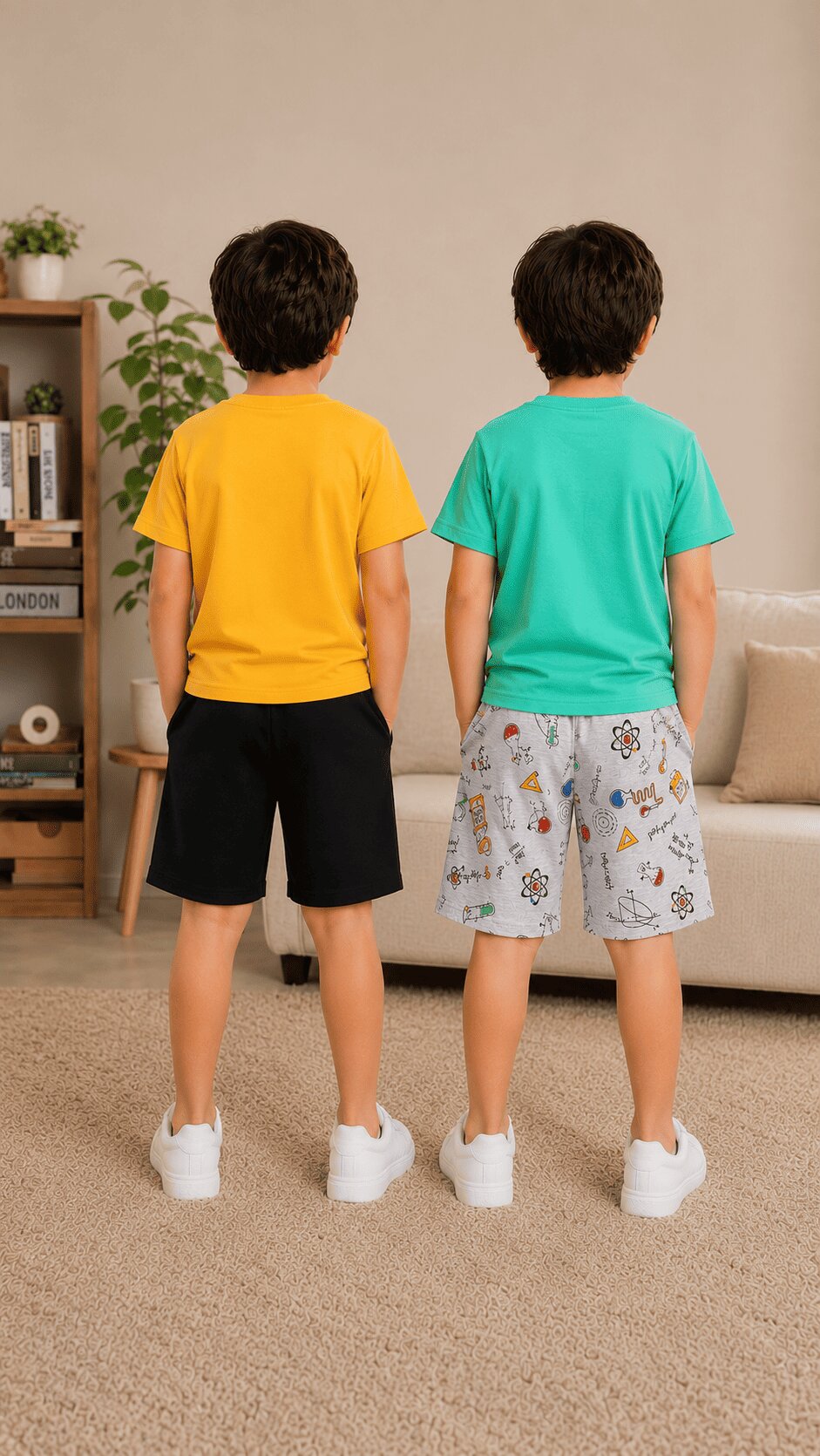 3PIN 100% Cotton Knit Half Sleeve Set of 2 Striped and Motorcycle Printed T-Shirt and Shorts Set - Mustard Yellow and Mint Green