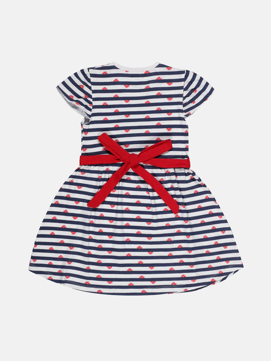 Girls Striped Round-Neck Fit & Flare Dress - WHITE
