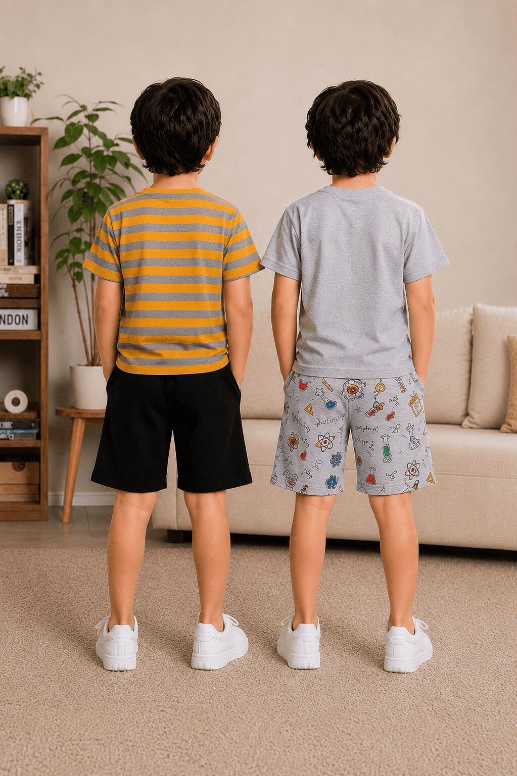 3PIN 100% Cotton Knit Half Sleeve Set of 2 Striped and Newyork City  Printed T-Shirt and Shorts Set - Mustard and Grey Melange