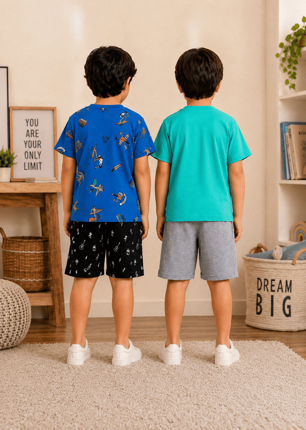 3PIN 100% Cotton Knit Half Sleeve Set of 2 Surf All Over Print and Vacation Printed T-shirt and Shorts Set - Blue and Aqua Green